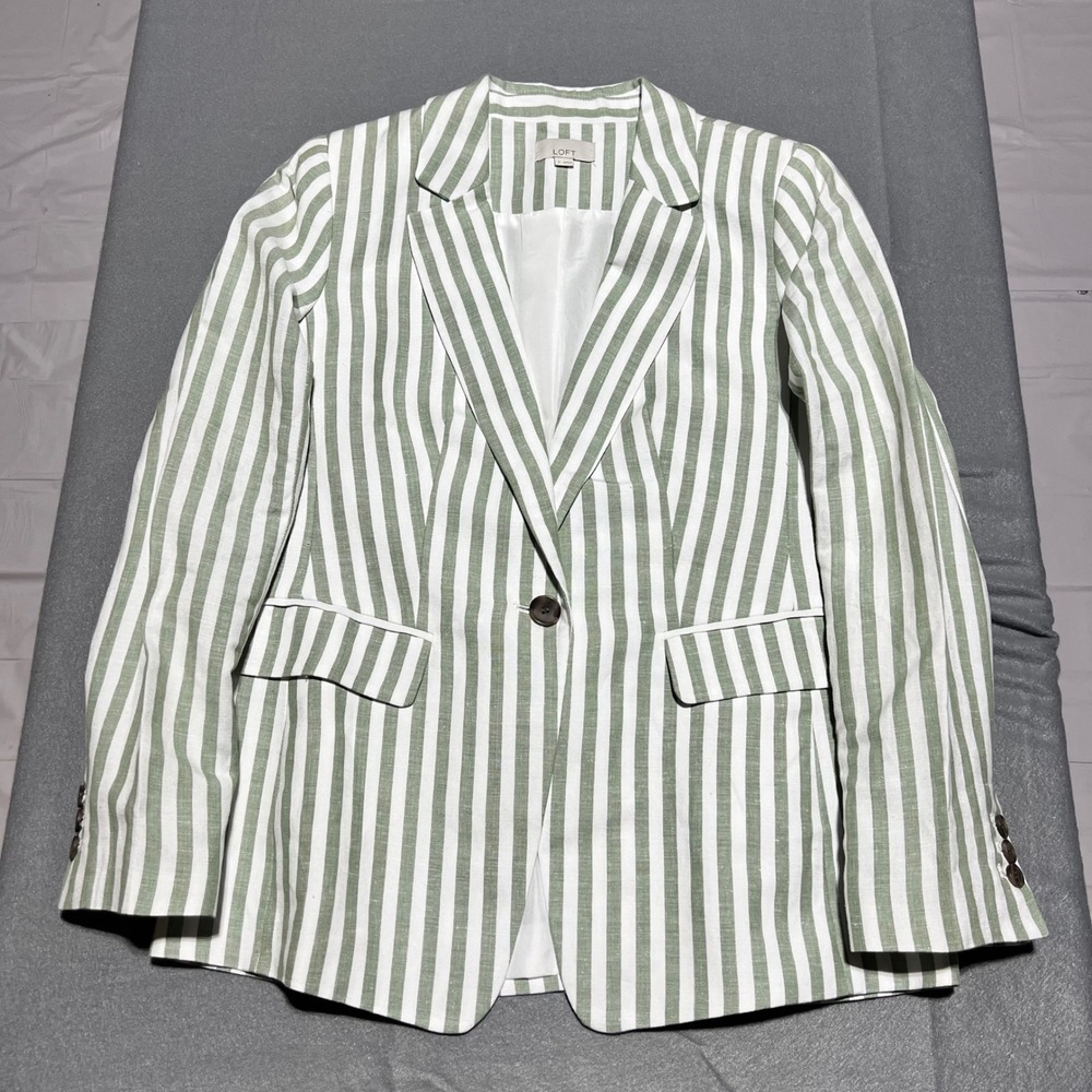 LOFT Green White Striped Linen Blend Single Button Blazer Size 2 SU23 608290